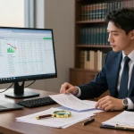 Asset tracing investigation in a modern office with financial graphs and legal documents.