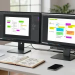 Dynamic workspace showcasing Snipaste官网 functionalities with designer actively annotating screenshots in a bright, modern office setting.