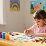 Child painting with a paint by number for kids kit, vibrant colors and artistic supplies.