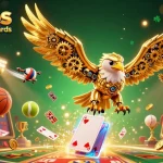 Engage with trusted casinos that accept credit cards, showcasing an animated golden eagle diving through vibrant gambling elements.