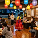 Gathering at 상봉동 한국관나이트 with friends enjoying Korean BBQ and traditional music in a lively atmosphere.
