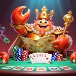 QQWIN4D menghidupkan suasana permainan kartu dengan karakter kepiting emas dan elemen kasino yang kaya.