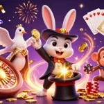 Spin the roulette and win big with 8x bet at this vibrant online casino scene featuring a magician, dove, and monkey.