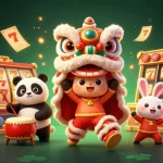 Win big at link slot 777 with vibrant 3D illustration of slot elements, lion dance, and dynamic game symbols.