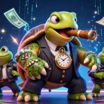 Situs judi bola sports betting scene featuring a turtle mobster with frog enforcers and dynamic elements