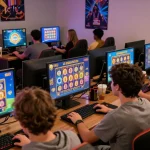 Exciting online gaming environment showcasing players engaged with slot77 games on multiple devices in a lively setting.