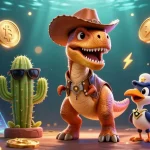Engage with keonhacai1's vibrant casino adventure featuring a T-Rex, cactus, and roadrunner amidst crypto elements.