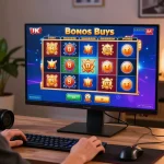 Player immersed in bonus buy slots UK gameplay on a vibrant computer setup.