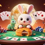 Engage in slot online with a vibrant scene of a moon rabbit and poker elements in a rich casino environment.