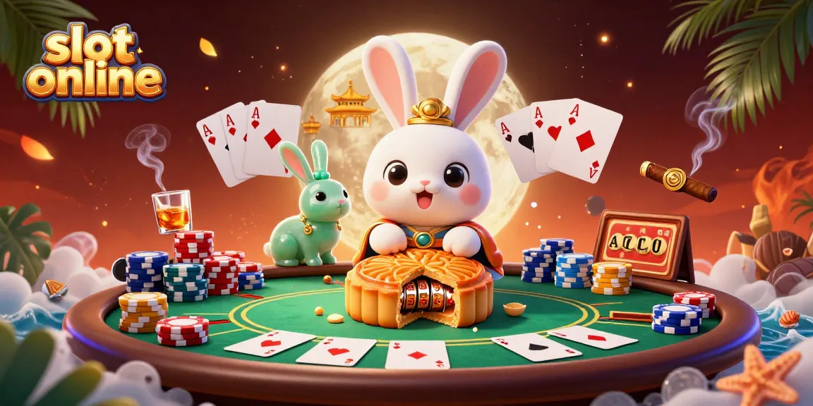 Engage in slot online with a vibrant scene of a moon rabbit and poker elements in a rich casino environment.