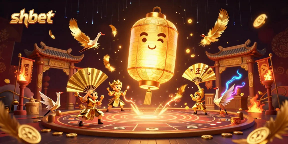 Experience the thrilling shbet casino world with a vibrant 3D illustration of a golden lantern spirit and warriors.