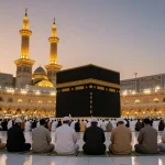 Majestic view of worshippers performing Umrah during Ramadan, celebrating spirituality and community in travel.