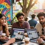 Engaged group discussing news from https://www.theindaily.com in vibrant urban setting.