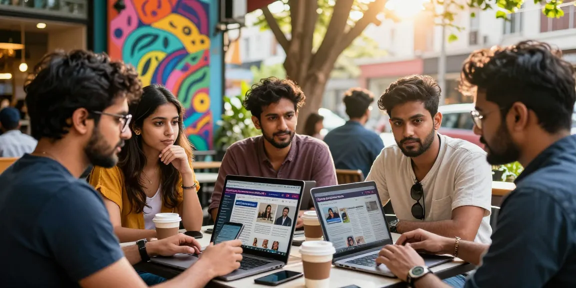 Engaged group discussing news from https://www.theindaily.com in vibrant urban setting.