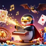 Engage with exciting mmoo casino games featuring a lively penguin organist amidst a shower of golden coins.