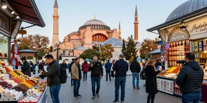 A vibrant scene of travelers exploring Istanbul's iconic landmarks, showcasing istanbulpano.com.