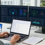 Сцена, где профессионал работает с eSIM — это физическая или виртуальная карта? в современном офисе, анализируя данные на ноутбуке.