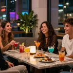 Friends enjoying cocktails at the vibrant rokok88 lounge during urban nightlife.