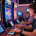 Excited player at credit card casinos enjoying thrilling slot game experience amidst vibrant casino atmosphere