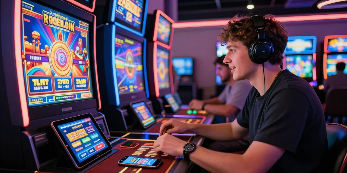 Excited player at credit card casinos enjoying thrilling slot game experience amidst vibrant casino atmosphere