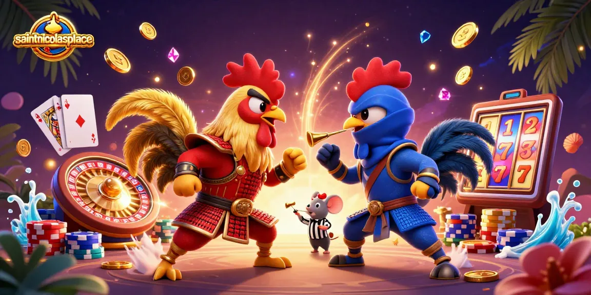 Experience the vibrant action at saintnicolasplace with roosters in battle amidst casino excitement.
